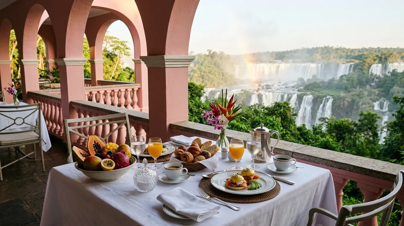 Gourmet breakfast spread served on the colonial veranda of Hotel Belmond overlooking Iguazu Falls