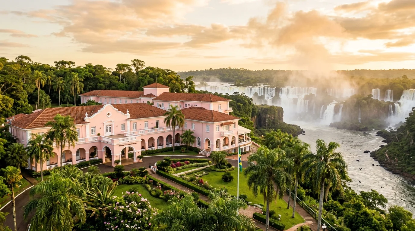 Belmond Hotel das Cataratas luxury colonial facade with waterfalls in Iguazu