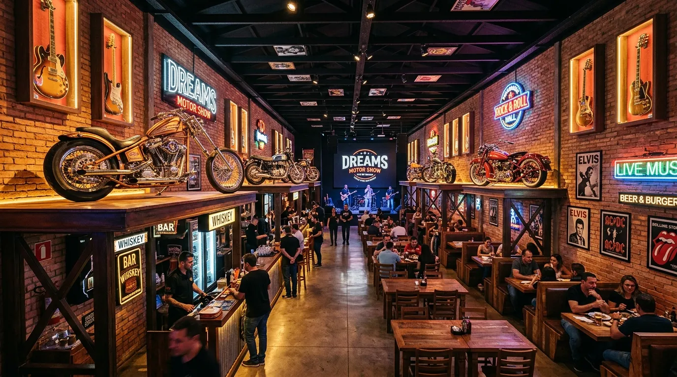 Vintage motorcycles on display inside the rock-themed Dreams Motor Show gastropub