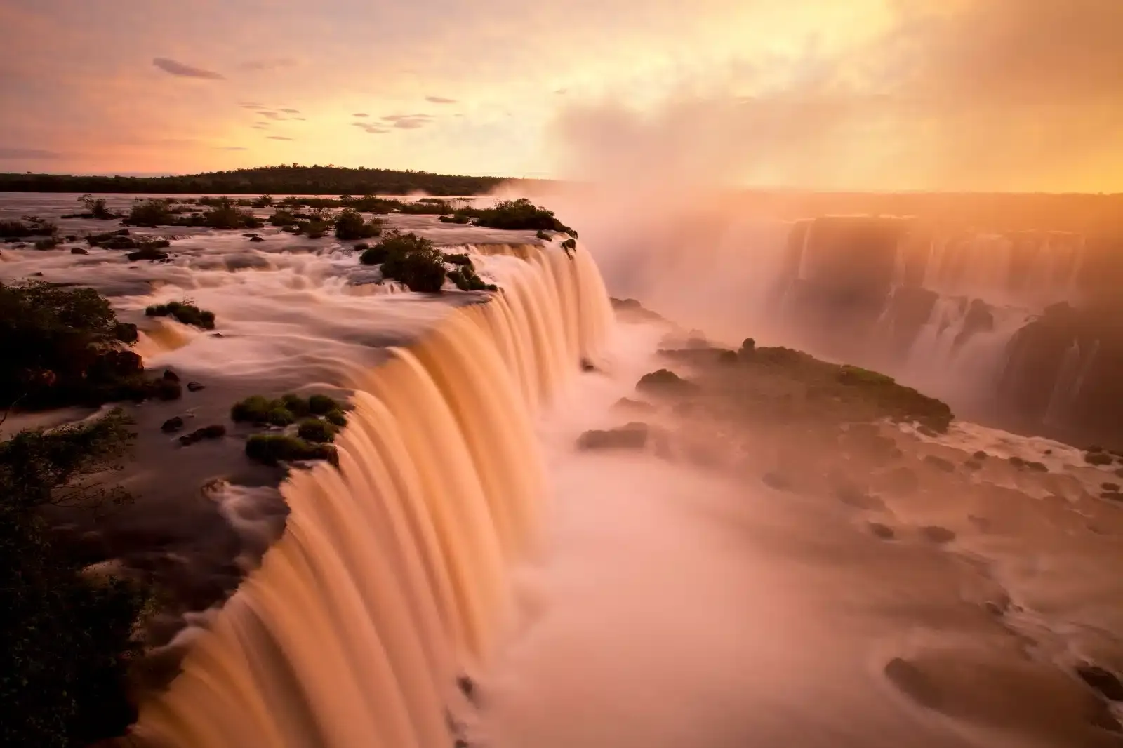Distant panoramic view of Iguazu Falls from the Brazilian side