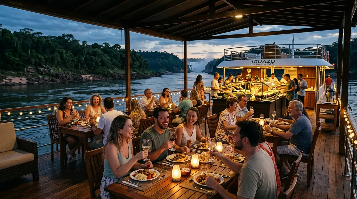 Passengers enjoying drinks and dinner buffet on the covered deck of the Kattamaram cruise at dusk