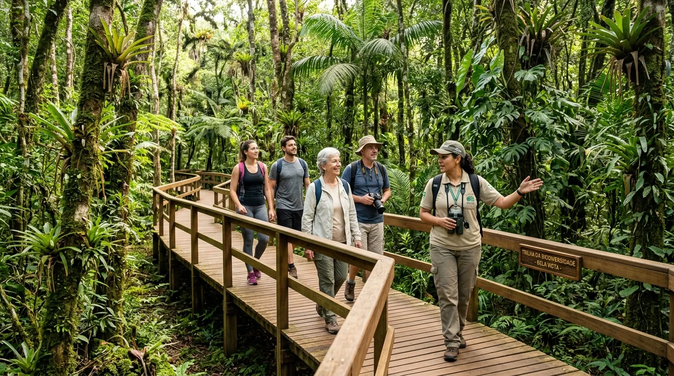 Guided eco-tourists walking on elevated timber boardwalk through the native forest at Bela Vista Refuge