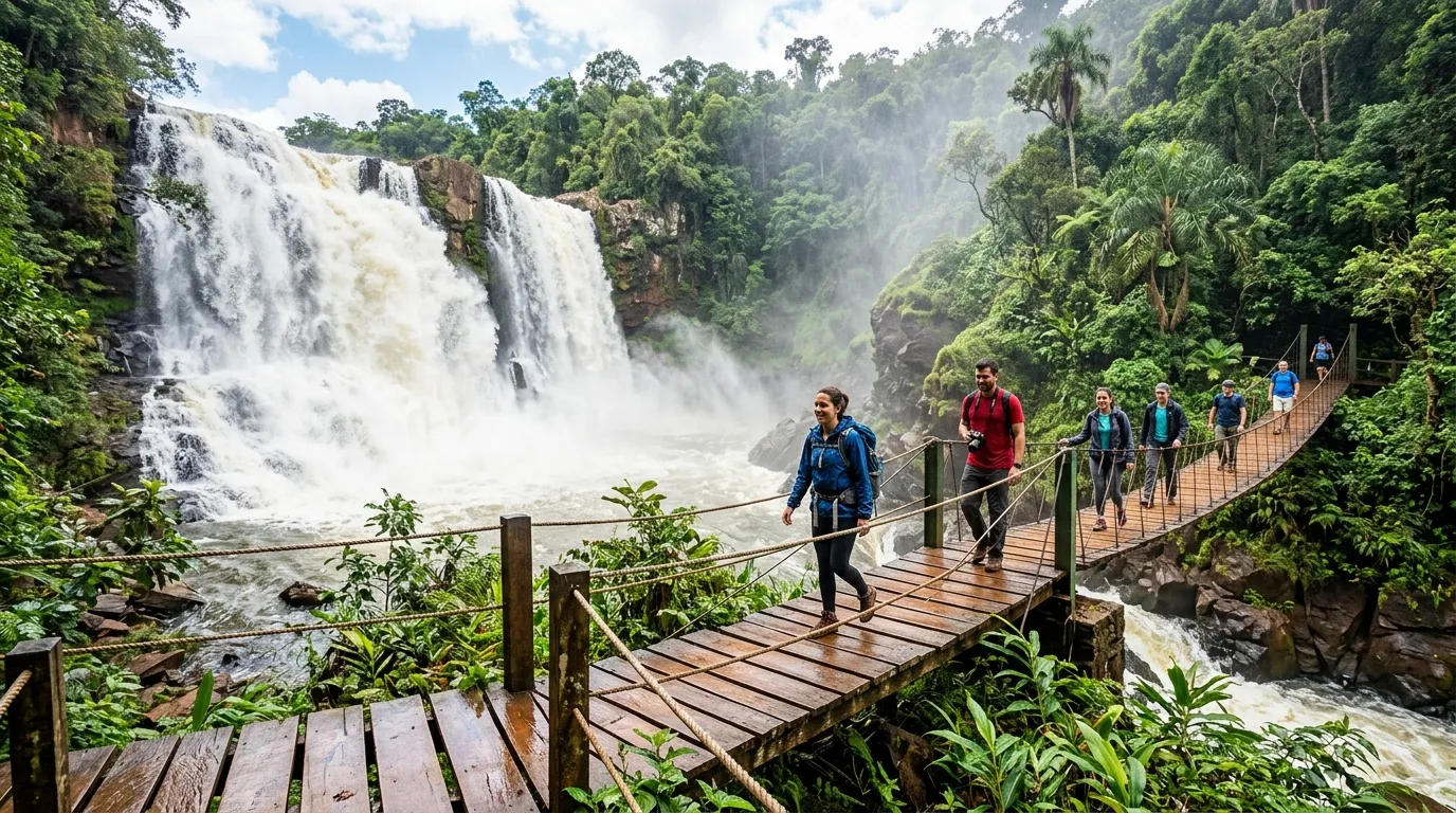 Hikers crossing wooden suspension bridge with Saltos del Monday waterfall in background