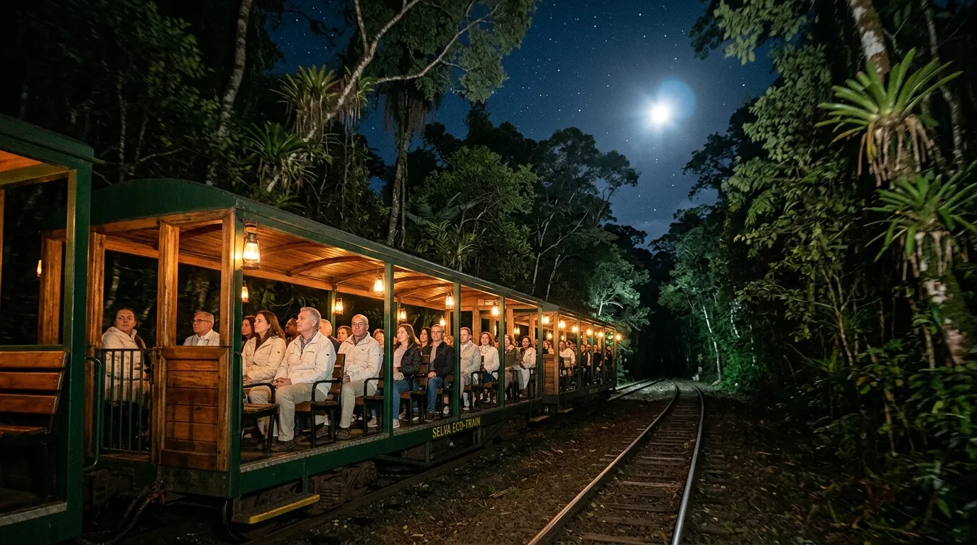 Ecological jungle train operating at night through the rainforest of Iguazu under moonlight