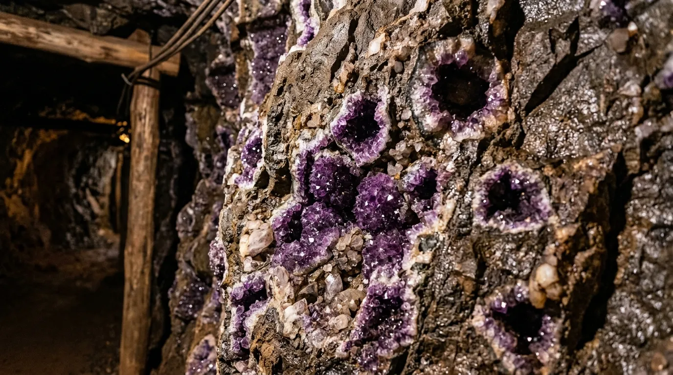 Giant raw purple amethyst geode embedded inside volcanic rock wall at Wanda Mines