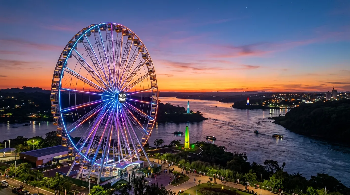 Yup Star Ferris Wheel in Foz do Iguacu glowing against a purple and orange sunset over the tri-border rivers